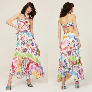 PatBO Bloom Cutout Flare Maxi Dress Halter Neck Back Tie Multicolor Print Size 6